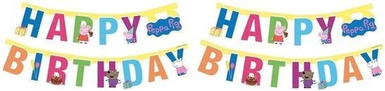2x Peppa Pig themafeest wenslijn/letterslinger Happy Birthday 140 cm - Thema feest slinger voor kinderfeestje/verjaardag
