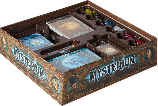 Inhoud van de Mysterium bordspeldoos: kaarten, pionnen en spelonderdelen.