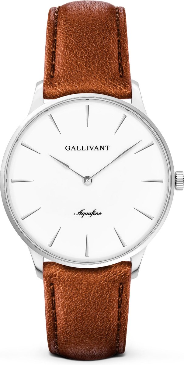 Gallivant Aquafino | Minimalistisch Herenhorloge | Zilverkleurig | Leren Band Cognac | Ø 40 mm