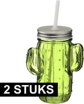 2x Glazen cactus drinkpotje/drinkglas met deksel 400 ml lichtgroen