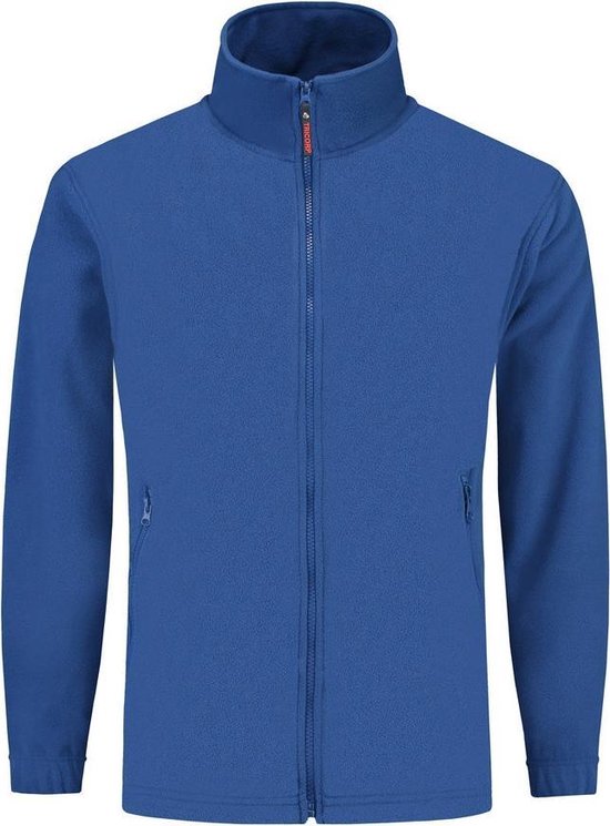 Blauwe fleece sweater met rits, kraag omhoog, met zijzakken.