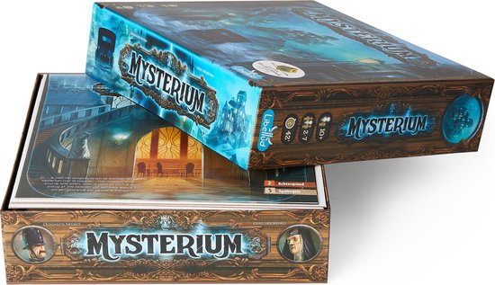Mysterium bordspeldoos en spelonderdelen op een witte achtergrond.