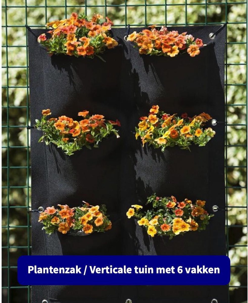 Plantenzak met 6 vakken - Verticale tuin - Plantentas - Plantenhanger geschikt voor kruiden, bloemen en planten - Hangende plantenbak - Anno 1588 - Dik vilt - 41x60 cm - Zwart