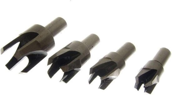 Een set van vier zwarte, metalen proppenboren met scherpe snijkanten.
