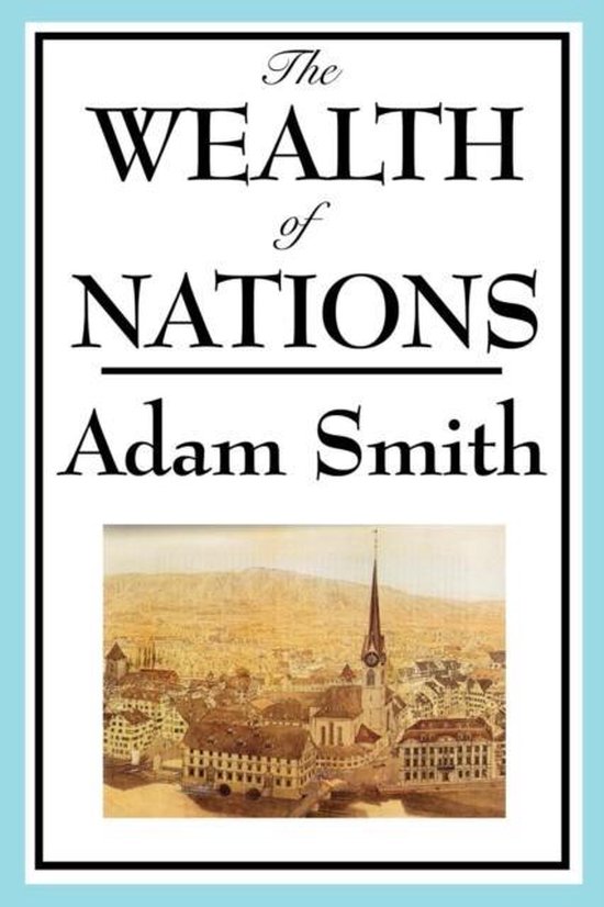 Livre "The Wealth of Nations" par Adam Smith avec une image d'une ville.