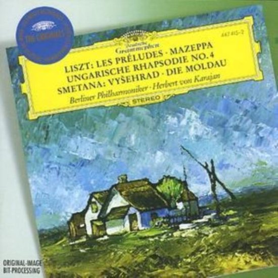 Albumhoes met een schilderij van huizen in een veld, met tekst: Liszt: Les Préludes. Ungarische Rhapsodie no. 4. Smetana: Vyšehrad. Berliner Philharmoniker, Herbert von Karajan.