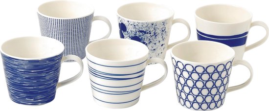 Royal Doulton Pacific - 6x Mok / Beker - Porselein - Wit / Blauw - 450 ml - Set van 6 Mokken