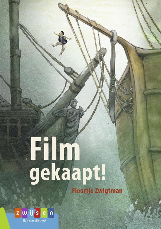 Jongen met gestreepte trui valt van zeilboot. "Film gekaapt!" staat in grote letters. Van Floorjte Zwigtman.