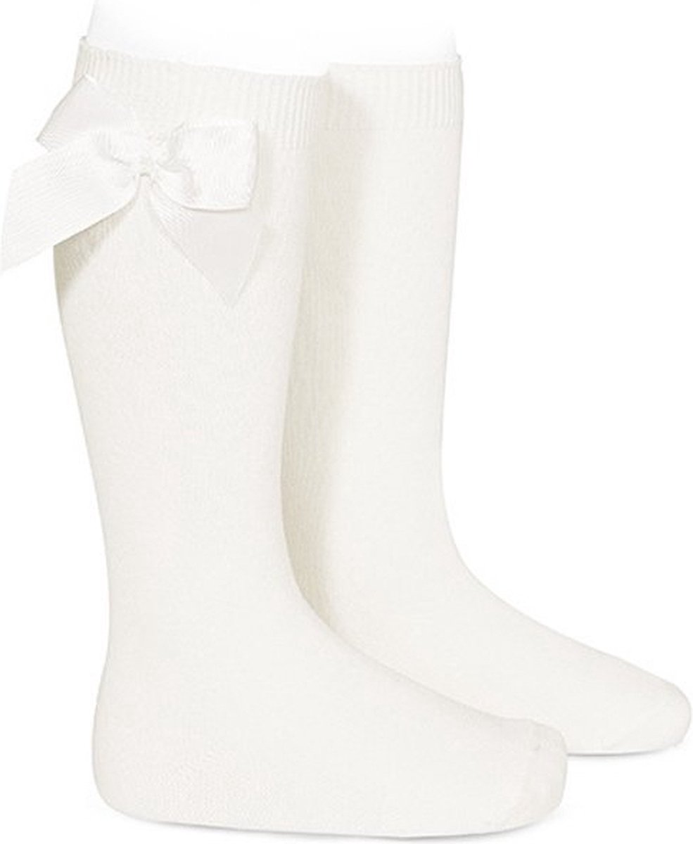Kniekousen met strik off white 0-3 maanden, kniekous baby wit