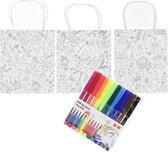 3x Knutsel papieren tasjes om in te kleuren met 12 kleurstiften voor kinderen - Hobbymateriaal/knutselmateriaal tas inkleuren