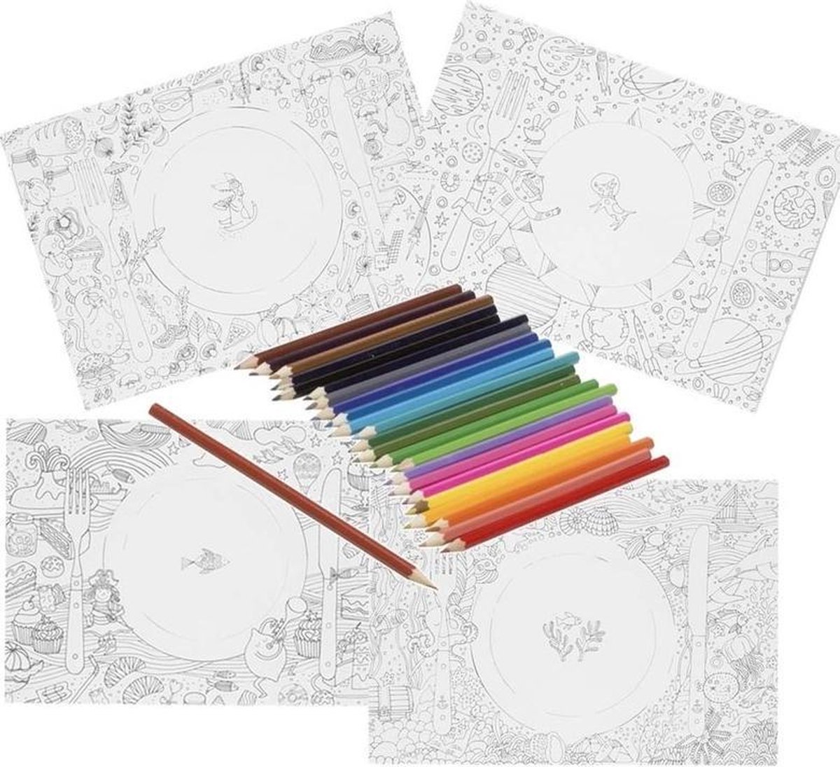20x Knutsel papieren placemats om in te kleuren incl. 24 kleurpotloden voor kinderen - Knutselmateriaal placemat inkleuren