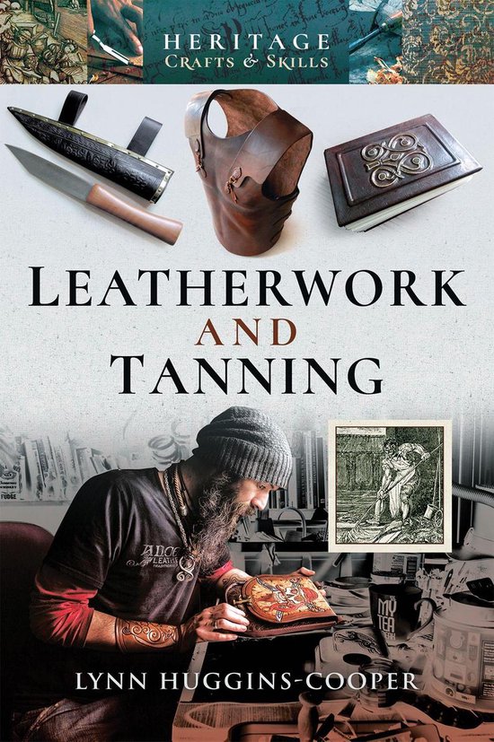 Boek 'Leatherwork and Tanning' met een man die aan leer werkt, met een mes, leren harnas en boek.