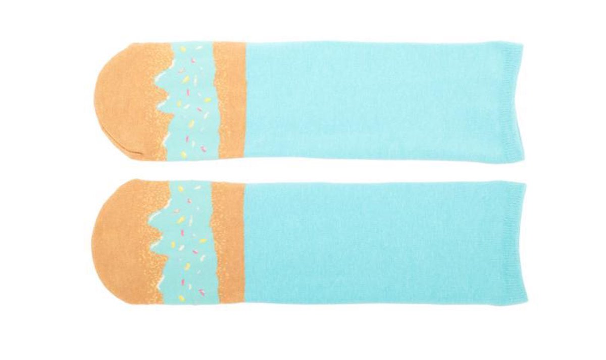 Donut sokken - sokken in de vorm van een Donut - aqua glazuur met regenboog sprinkles