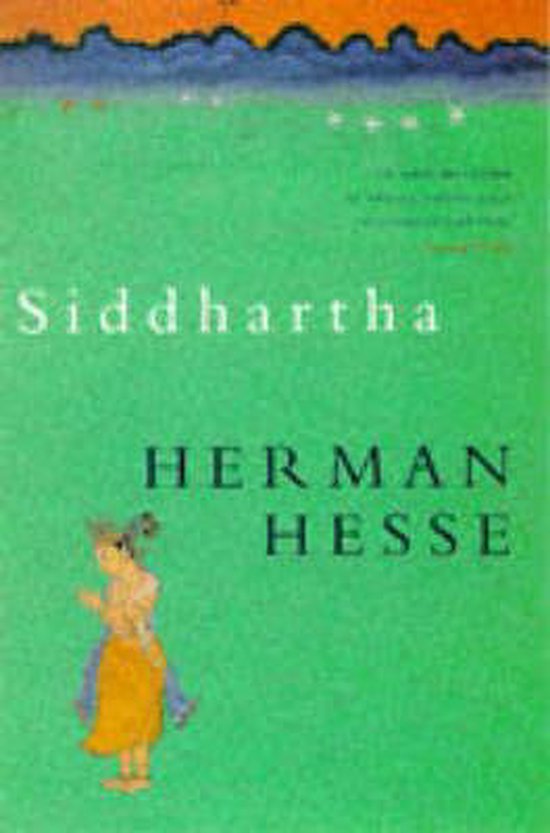 Boekcover van Siddhartha door Herman Hesse, met een groene achtergrond, de titel en auteur in witte letters, en een kleine afbeelding van een dansend figuur.