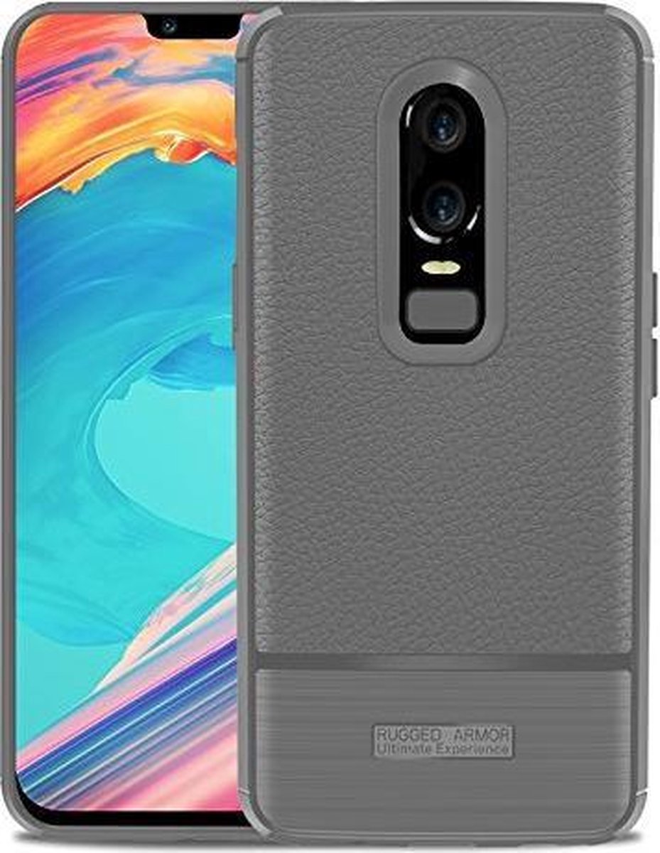 DrPhone Oneplus 6 Rugged Armor Litchi TPU Case - Ultra Dunne Gel Silicone Hoesje - Antislip - Anti Schok Beschermhoes - Grijs