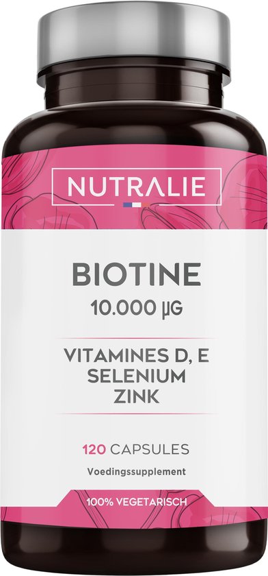 NUTRALIE Biotine 10.000 mcg | Vitamines D & E, Zink, Selenium | bevordert de haargroei, nagels en huid | 120 Vegetarische capsules