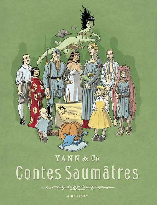 Groene achtergrond met een groep figuren, waaronder een vrouw met vis, soldaten, kinderen en een kat. Titel: Contes Saumâtres.