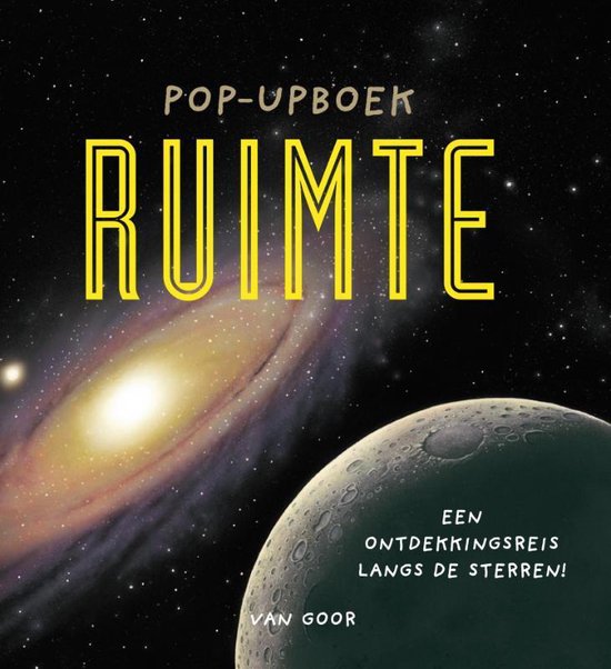 Boek 'Ruimte', een ontdekkingsreis langs de sterren. Met op de voorgrond een planeet en op de achtergrond een melkweg.