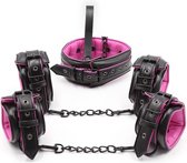 Banoch | Bondageset Hot Pink - halsband,riem, handboeien en enkelbanden pu Leer- zwart - roze