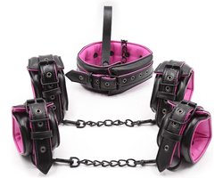 Banoch | Bondageset Hot Pink - halsband,riem, handboeien en enkelbanden pu Leer- zwart - roze