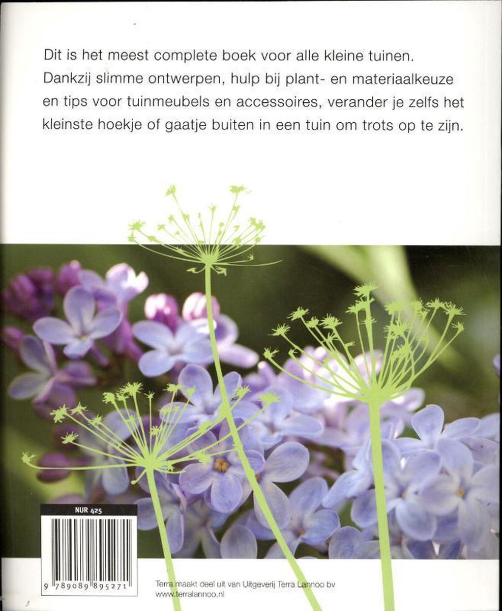 Paarse bloesems met groene plantenstengels op de voorgrond. Boek 'Het grote boek voor de kleine tuin'.