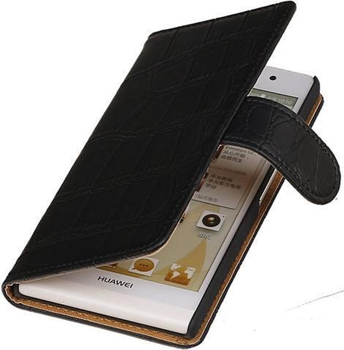Huawei Ascend P6 Croco Booktype Wallet Hoesje Zwart - Cover Case Hoes