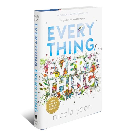 Boek "Everything Everything" van Nicola Yoon, staand naast een rode potlood. Gedetailleerde illustratie op kaft.