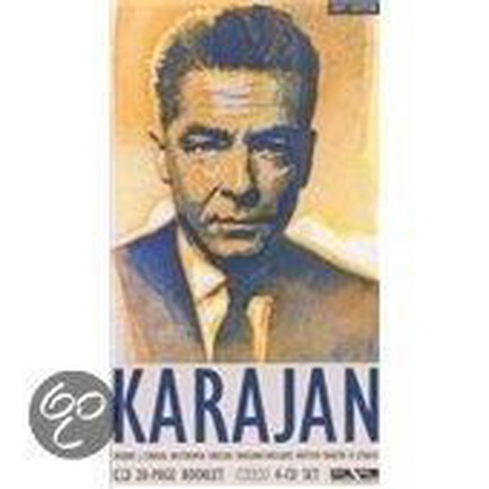 Portret van Herbert von Karajan in pak, met opschrift KARAJAN.