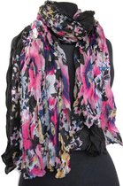 Dames sjaal met bloemen - gekreukt viscose - zwart - roze - magenta - blauw - geel - crème - 110 x 180 cm