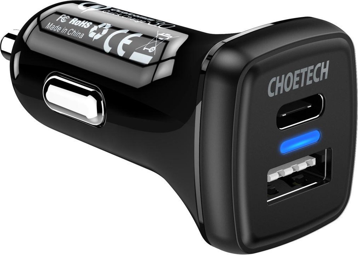 Choetech Quick Charge 3.0 Autolader 1x USB, 1x USB-C - 3A - Zwart