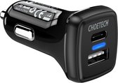 Choetech Quick Charge 3.0 Autolader 1x USB, 1x USB-C - 3A - Zwart