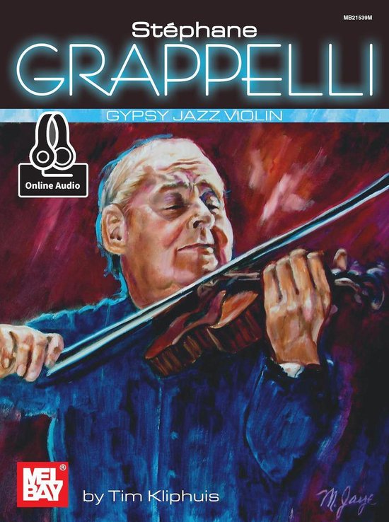 Livre Stéphane Grappelli Gypsy Jazz Violin avec audio en ligne. Illustration peinte de Grappelli jouant du violon.
