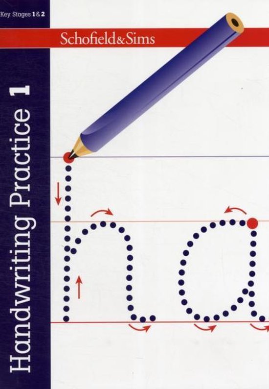 Cahier d'écriture 1 de Schofield & Sims avec un crayon bleu écrivant la lettre 'h'.