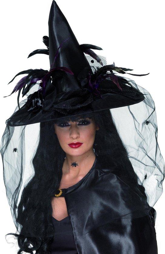 Chapeau De Sorcière Femme Halloween - Avec Tulle Noir Et Plume, Accessoire Déguisement