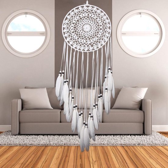 Handgemaakte Dromen Vanger - Dream Catcher - Indianen Deco Droomvanger Kralen Veren – Wit - 80CM