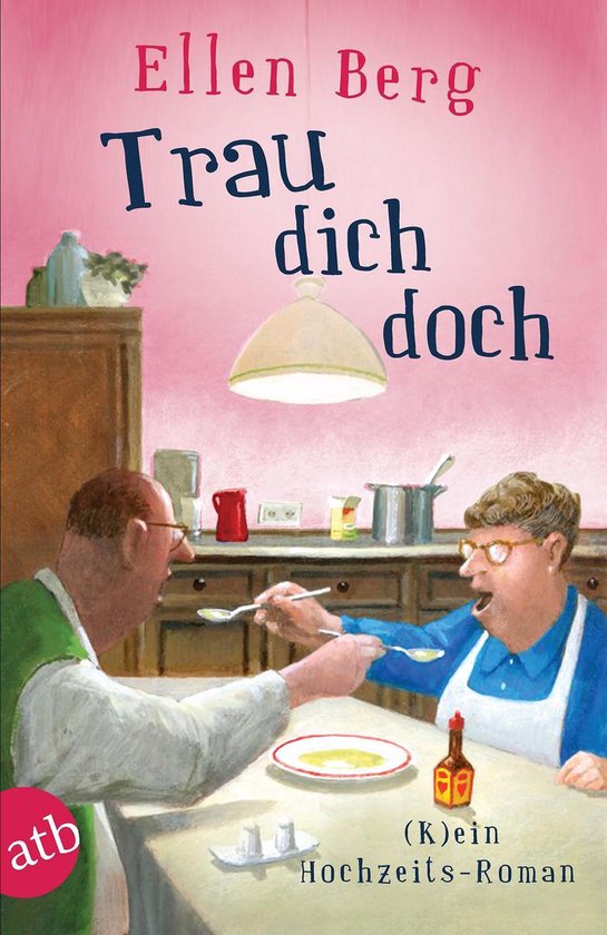 Boekhoes met een man en vrouw aan tafel. De man voert de vrouw. Titel: Trau dich doch.