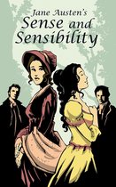 Illustratie van twee vrouwen in historische kleding, met op de achtergrond twee mannen. De titel 'Jane Austen's Sense and Sensibility' staat bovenaan.