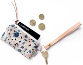 Leren sleutelhanger met mini portemonnee / muntzakje / kaarthouder / tasje - Terrazzo Roze Blauw II