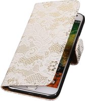 Samsung Galaxy E5 - Lace Bloem Design Wit - Book Case Wallet Cover Hoesje