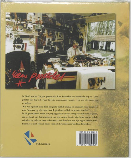 De achterkant van een boek met een interieur van een studio met een man aan een tafel, schilderijen en boeken. Rechts een afbeelding van een vos. Tekst 'Rien Poortvliet'.