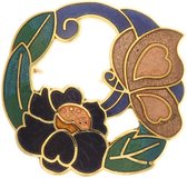 Behave® Dames Broche rond met bloem en vlinder blauw groen - emaille sierspeld -  sjaalspeld  4 cm