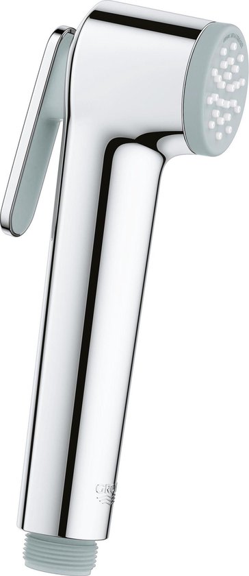 Glimmende chroom handdouche met aan/uit-knop en witte sproeikop. Grohe logo zichtbaar.