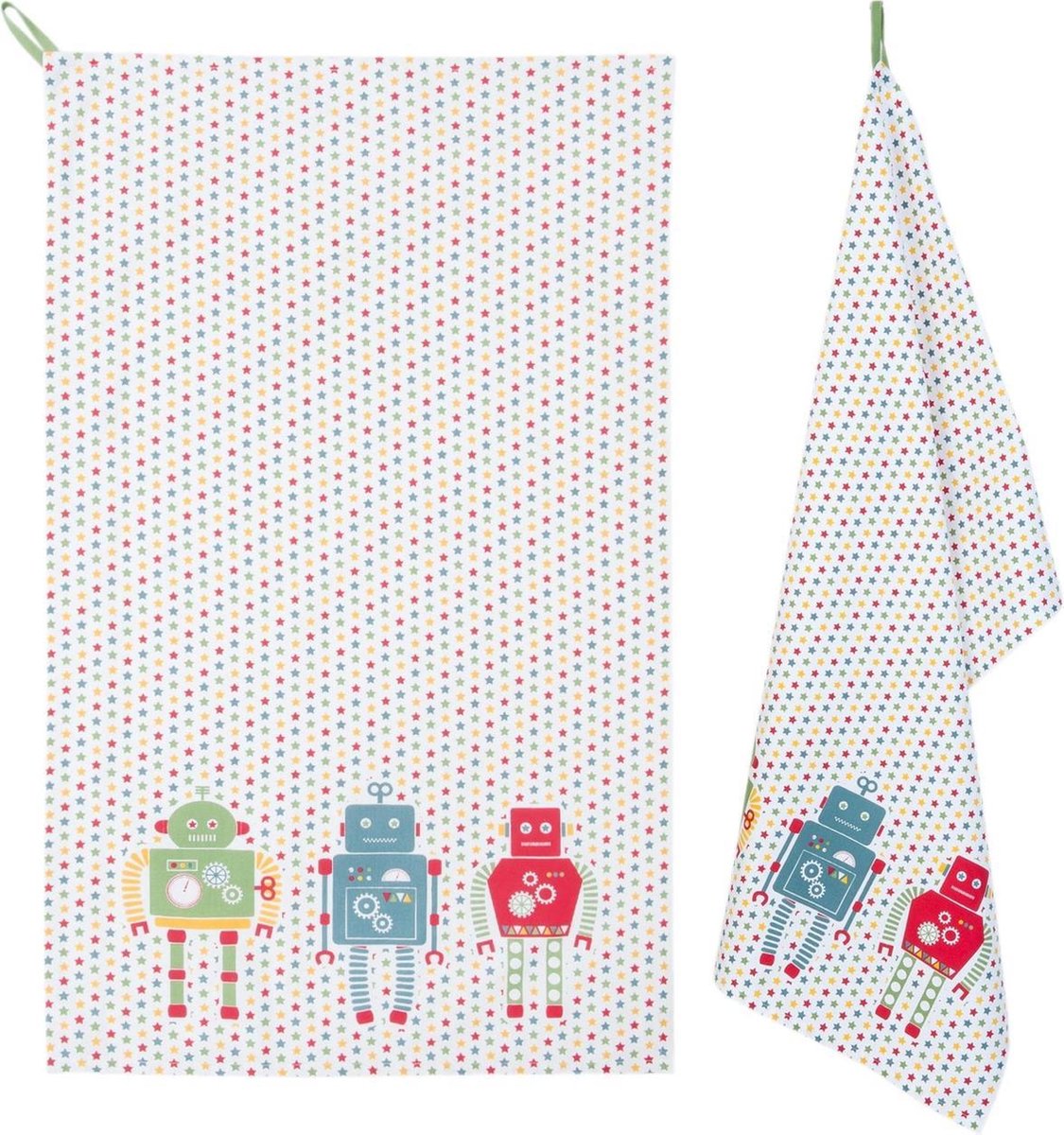 Clayre & Eef - Katoenen Theedoek - Keukendoek - Robots en sterren - 50 x 85 cm - 3 Stuks