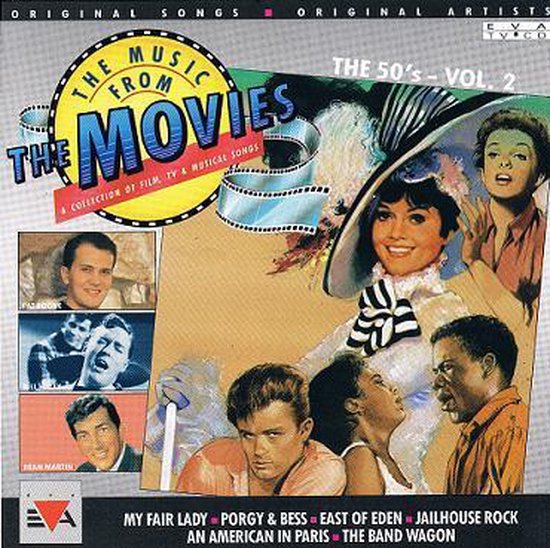 Albumhoes 'The Music From The Movies: The 50's - Vol. 2' met filmfragmenten en acteurs. Met o.a. 'My Fair Lady'.