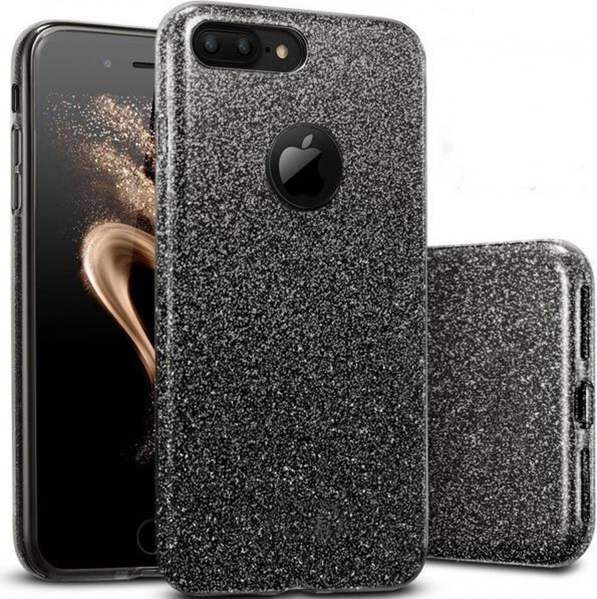 HB Hoesje Geschikt voor Apple iPhone 7 Plus / 8 - Plus - Glitter Back Cover - Zwart