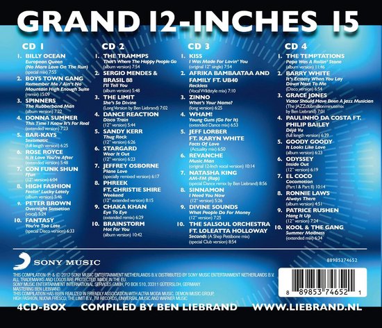 Grand 12-Inches 15: overzicht van de 4CD-box met artiesten en titels van de compilatie, samengesteld door Ben Liebrand.