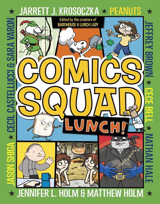 Boek kaft: Comics Squad 2 - Lunch! met karakters zoals Snoopy, een broodje met ogen, en een schurk.