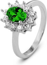 New Bling 9NB 0159 56 Zilveren ring - rozet - zirkonia ovaal 6x8 mm - maat 56 - zilverkleurig / groen