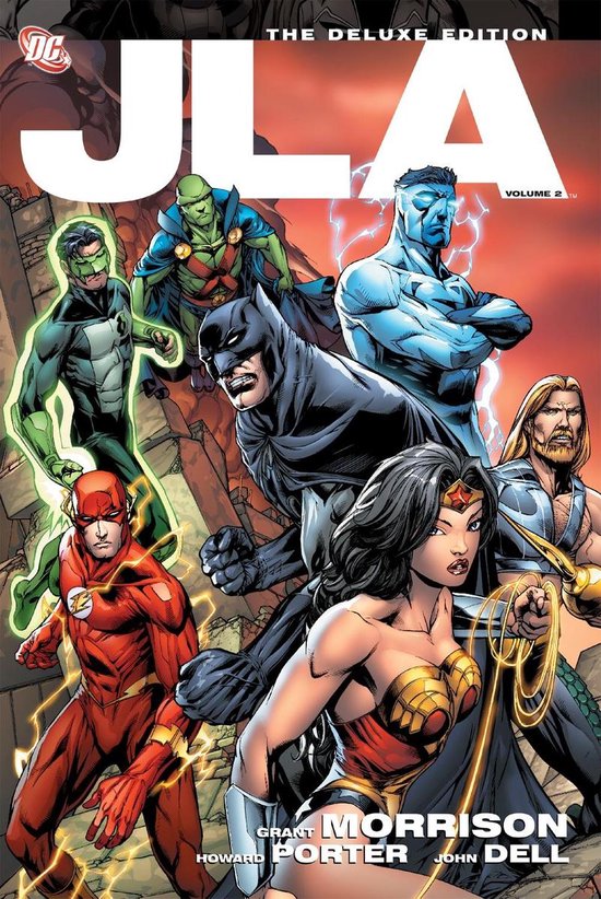 La Justice League of America (JLA), avec Flash, Batman, Wonder Woman, Green Lantern, Martian Manhunter et Aquaman, sur un fond orange et fumé.