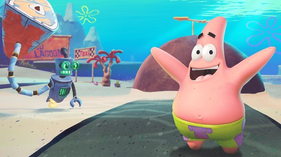 Patrick Ster, een roze zeester, staat met de armen wijd open en draagt een groene zwembroek.
